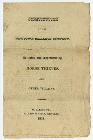 Richland Company for the Detection of Horse Thieves. Constitution and Bye-Laws. Doylestown, Pa.: Miner&rsquo;s Press, [1806].